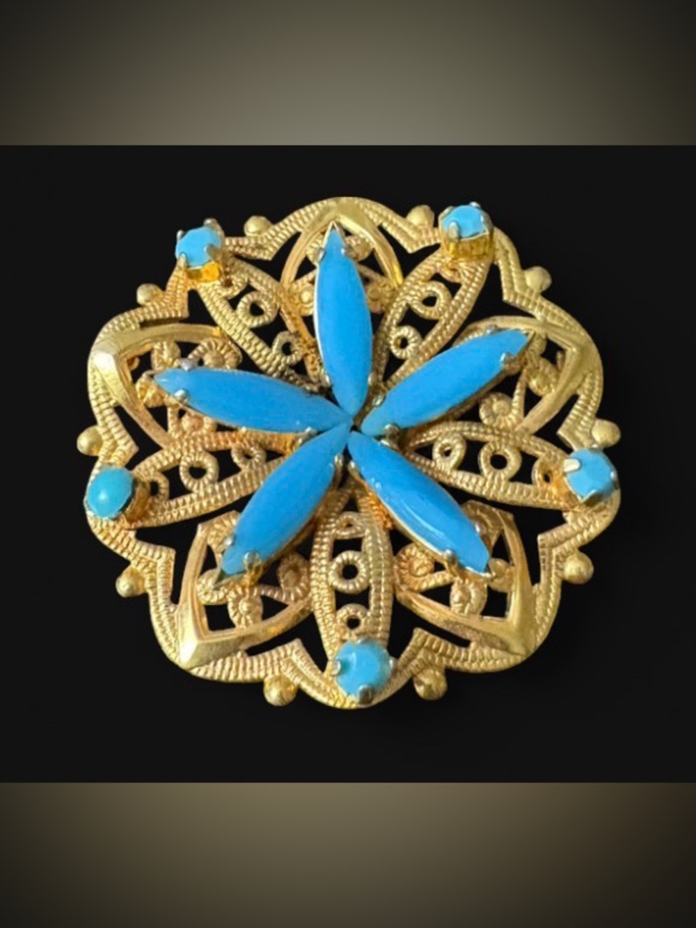 Vintage 1960s Ornate Gold Filigree Faux Turquoise Mandala Brooch Pin - Unsigned